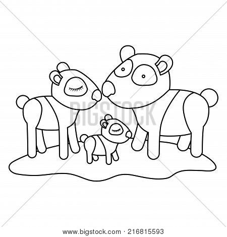 cartoon pandas couple with cub over grass in monochrome silhouette vector illustration