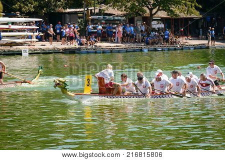 Rome Italy - July 30 2016: Dragon boat crews compete at the european championships held in Italy in 2016 summer in the photo the Polish crew
