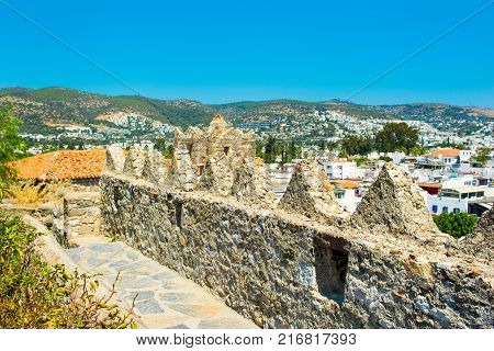 Panoramic view from tower wall of Bodrum Castle Aegean sea Turkey