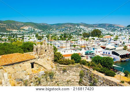 Bodrum Turkey - 5 September 2017: Panoramic view from tower wall of Bodrum Castle Aegean sea Turkey