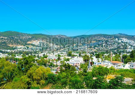 Bodrum Turkey - 6 September 2017: Panoramic view of Bodrum - famous town resort in Aegean sea