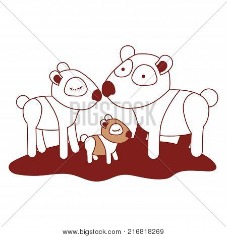 cartoon pandas couple with cub over grass in color sections silhouette vector illustration