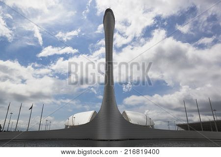 Adler, Sochi, Krasnodar region, Russia - July 8, 2016: Bowl of Olympic flame and Fisht stadium in the Olympic Park of Sochi