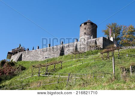 Reith im Alpbachtal Austria - 14 October 2016: Boutique Hotel Schloss Matzen in 1000 year old castle overlooking the Inn RiverReith im Alpbachtal Austria 14 October 2016