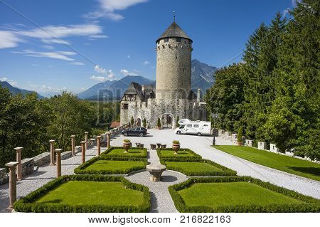 Reith im Alpbachtal Austria - 14 October 2016: Boutique Hotel Schloss Matzen in 1000 year old castle overlooking the Inn RiverReith im Alpbachtal Austria 14 October 2016