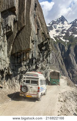 Kargil, India - June 17, 2017: Traffic on the Zojila Pass between Srinagar and Kargil in Jammu and Kashmir, India
