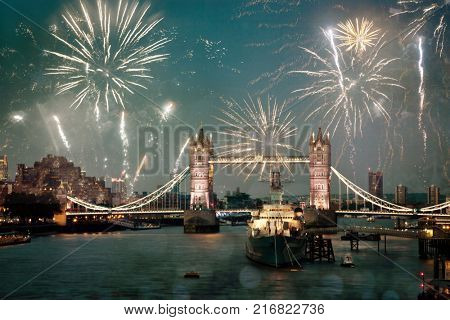 tower bridge with fireworks, celebration of the New Year in London, UK