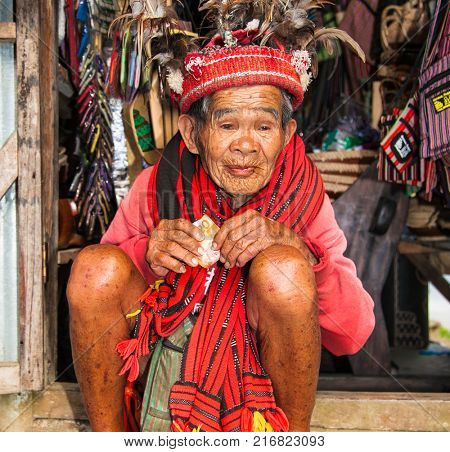 BANAUE PHILIPPINES - MARCH 31, 2016 : Unknown old ifugao man in national dress on March 31, 2016. Ifugao - the people in the Philippines. Refers to the mountain peoples.