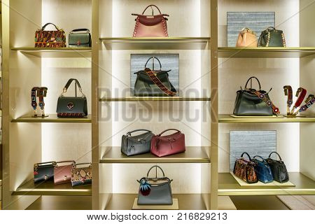 ROME, ITALY - CIRCA NOVEMBER, 2017: Fendi products sit on display at a second flagship store of Rinascente in Rome.