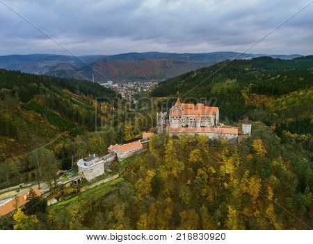 Castle Pernstejn in Czech Republic - aerial view - travel and architecture background