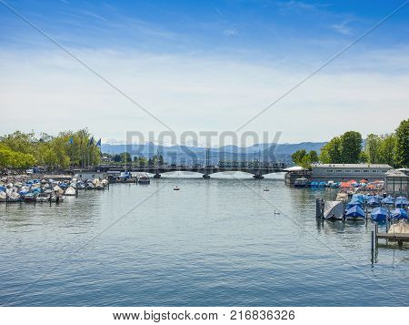Bern Switzerland - 21 May 2017: View across River Aare with Untertor Bridge Bern Switzerland 21 May 2017