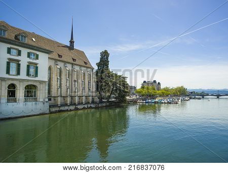 Bern Switzerland - 21 May 2017: View across River Aare with Untertor Bridge Bern Switzerland 21 May 2017