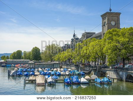 Bern Switzerland - 21 May 2017: View across River Aare with Untertor Bridge Bern Switzerland 21 May 2017
