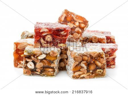 Group of delights with nuts isolated on white