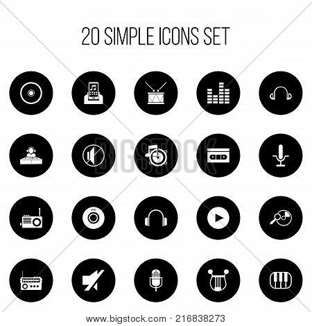 Set Of 20 Editable Song Icons. Includes Symbols Such As Media Device, Play Button, Timpano And More