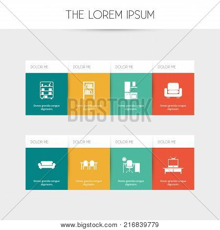 Set Of 8 Editable Interior Icons. Includes Symbols Such As Bookrack, Office, Cuisine And More