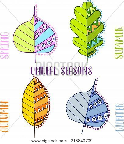 decorative hand drawn doodle colorful leaves on white background