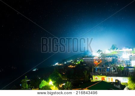 Town of Haputale situated in mountains of Sri Lanka during starry night