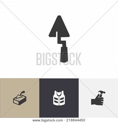 Set Of 4 Editable Building Icons. Includes Symbols Such As Cork Jacket, Trowel, Mallet And More