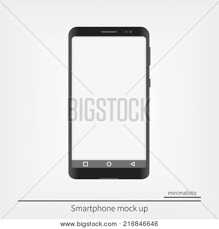 Realistic smartphone mockup with white screen isolated on minimalistic background. Modern digital gadget template for printing and web, black color scheme.