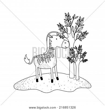 zebra cartoon in forest next to the trees in monochrome silhouette vector illustration