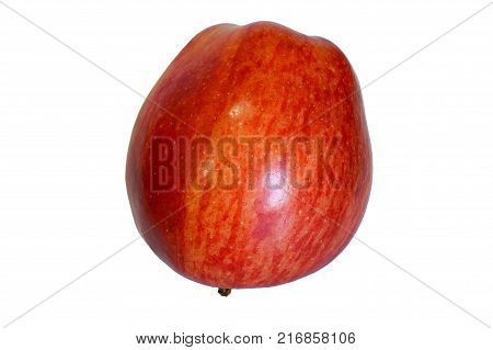 An Apple. Ripe. The color is dark red with yellow veins and small dots. The contour is flat rigid. Background white isolated.