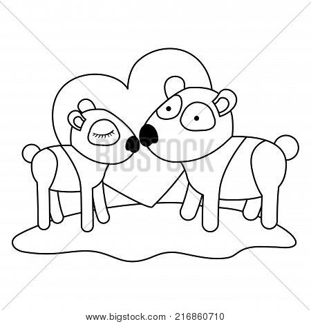 pandas couple over grass in monochrome silhouette with heart in background vector illustration