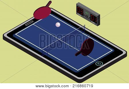 Infographic ping pong blue tennis playground ball and rackets. Isometric image. Isolated. In vector