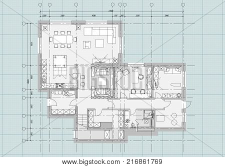 Standard furniture symbols used in architecture plans icons set, graphic design elements, home planning icon set.Small private country contemporart house with a restroom .Blueprint.