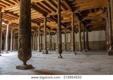 Khiva, Uzbekistan -April 30, 2015: Interior of the Juma Mosque.