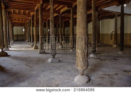 Khiva, Uzbekistan -April 30, 2015: Interior of the Juma Mosque.
