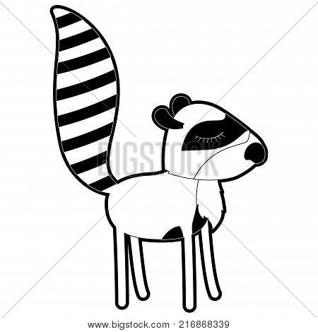 female raccoon cartoon with closed eyes expression in black silhouette with thick contour vector illustration