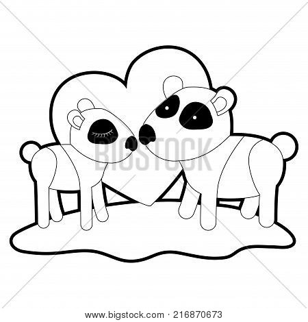 pandas couple over grass with black sections silhouette and thick contour and heart in background vector illustration