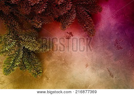 Christmas background with efresh vergreen tree banches close up, toned