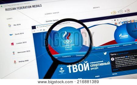 Montreal Canada - December 5 2017: Russian Olympic Committee Web Page Under Magnifying Glass.