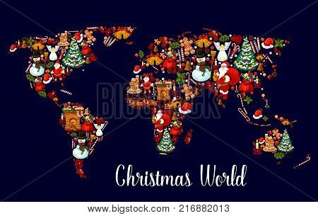 Christmas world map with New Year holiday symbol. Xmas tree, gift and bell, Santa Claus, snowman and present, holly berry, candy and candle, sock, cookie and reindeer sleigh, gingerbread house and hat