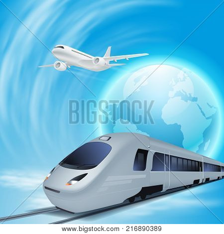 High-speed train and airplane in the sky. Concept travel illustration. EPS10 vector.