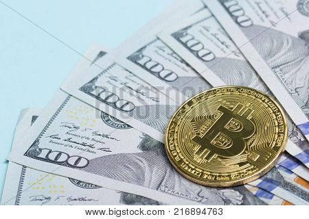 Bitcoin golden coin New virtual money and dollar background . Cryptocurrency. Business and Trading concept.