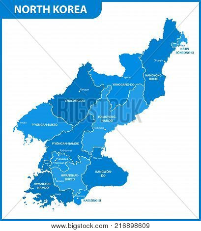 The detailed map of the North Korea with regions or states and cities, capital