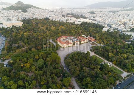aerial view of Zappeion in Athens and modern part of the city, Greece
