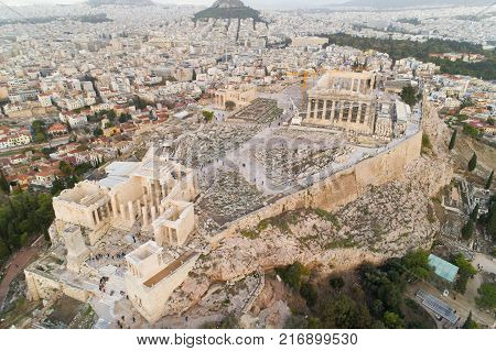 Acropolis of Athens ancient citadel in Greece, aerial view