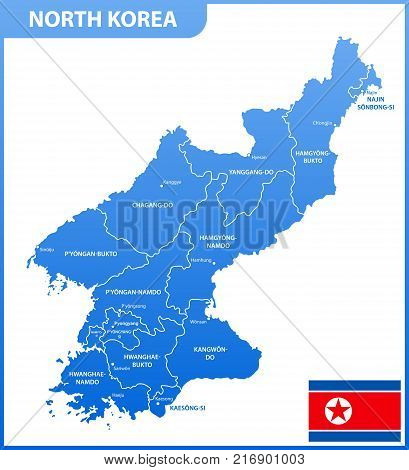 The detailed map of the North Korea with regions or states and cities, capitals, national flag