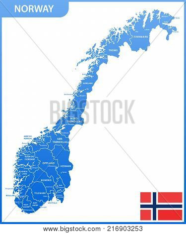 The detailed map of the Norway with regions or states and cities, capitals, national flag