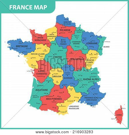The detailed map of the France with regions or states and cities, capital