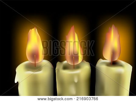 three abstract burning candles on multcolor background