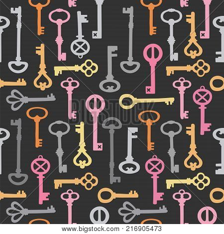 Vintage golden key seamless pattern on the black background, vector illustration