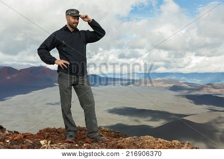 Tourist at the top of Hiking trail climb to the North Breakthrough Great Tolbachik Fissure Eruption 1975
