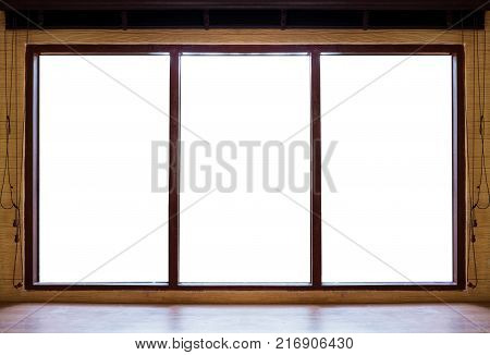 Wooden window frames with desk, isolated on white background