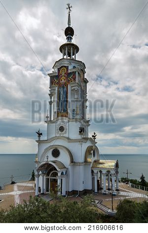 Malorechenskoye, Russia - June 07, 2016: Church-lighthouse of St. Nicholas the Miracle-Worker of Myra in the village of Malorechenskoye on the southern coast of the Crimea