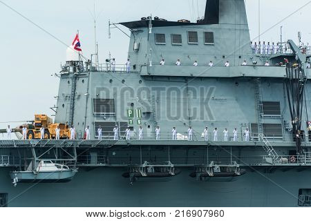 Pattaya Thailand - November 9 2017 Navals in preparation for fleet review on warship running on sea on the 50th anniversary ASEAN international fleet review 2017 drill in Pattaya Thailand